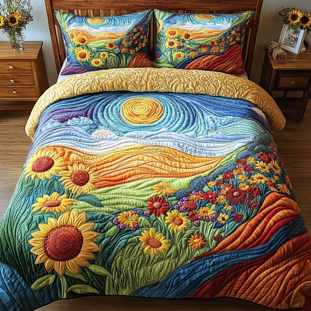 Harvest Glow quilted 3-piece bedding set on a made bed with two matching pillow shams
