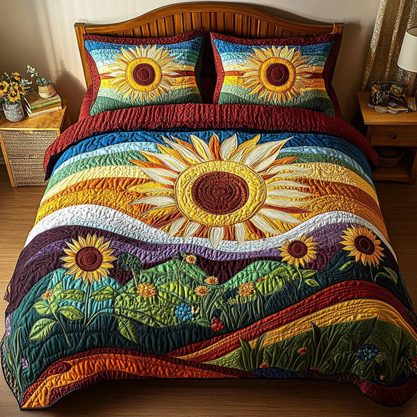Harvest Glow Retreat quilted 3-piece bedding set on a made bed with two matching pillow shams