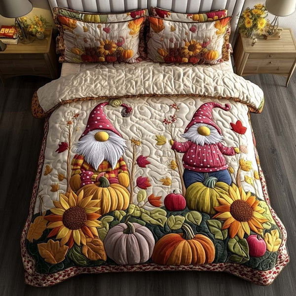Harvest Gnome Blessing quilted 3-piece bedding set on a made bed in a winter-styled bedroom