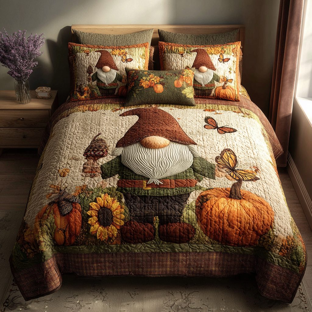 Harvest Gnome Parade quilted 3-piece bedding set on a made bed in a winter-styled bedroom