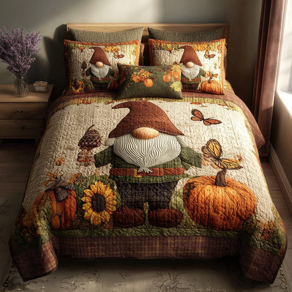 Harvest Gnome Parade quilted 3-piece bedding set on a made bed in a winter-styled bedroom