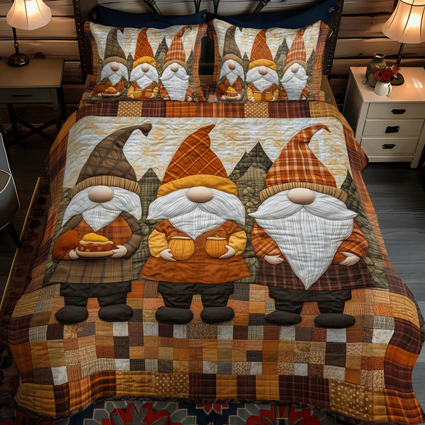 Harvest Gnome Pumpkins quilted 3-piece bedding set on a made bed in a winter-styled bedroom