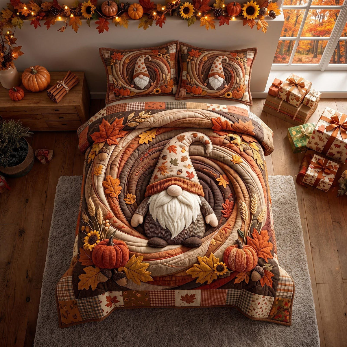 Harvest Gnome quilted 3-piece bedding set on a made bed in a winter-styled bedroom