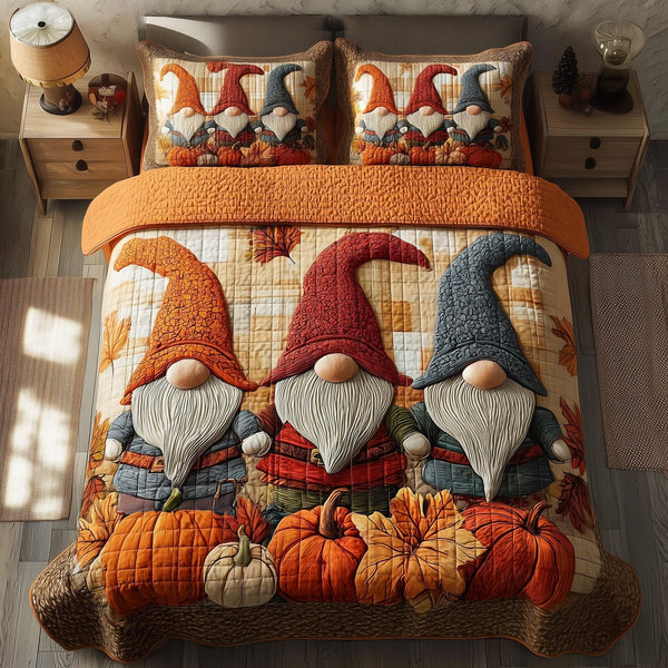Harvest Gnome quilted 3-piece bedding set on a made bed in a winter-styled bedroom