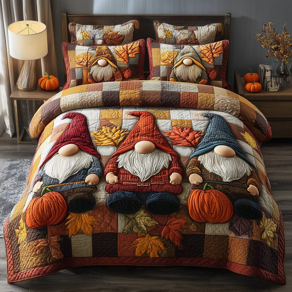 Harvest Gnome quilted 3-piece bedding set on a made bed in a winter-styled bedroom