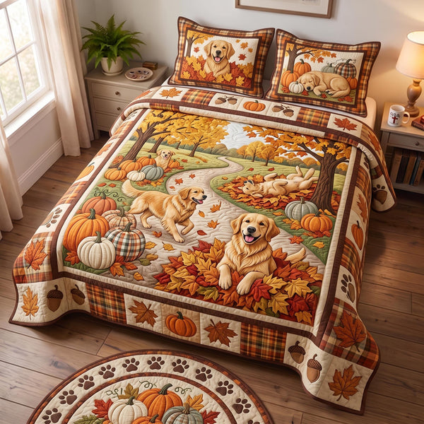 Harvest Golden quilted 3-piece bedding set on a made bed with two matching pillow shams
