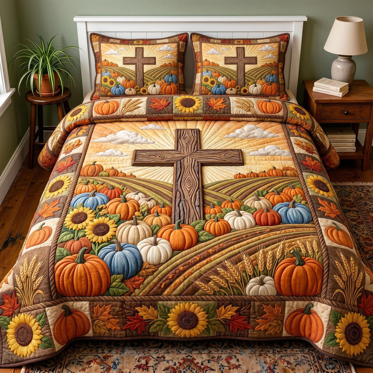 Harvest Grace quilted 3-piece bedding set on a made bed with two matching pillow shams