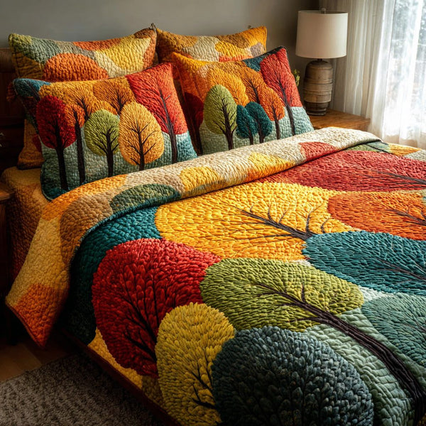 Harvest Grove quilted 3-piece bedding set on a made bed with two matching pillow shams