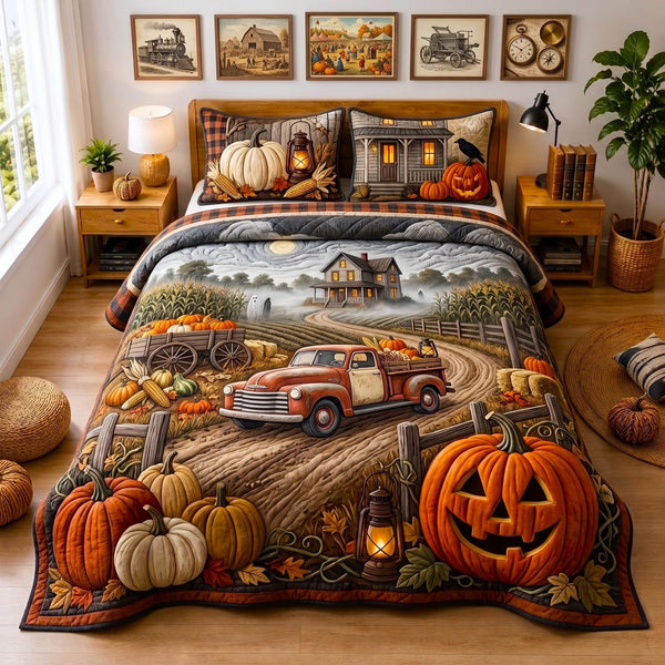 Harvest Haul quilted 3-piece bedding set on a made bed with two matching pillow shams