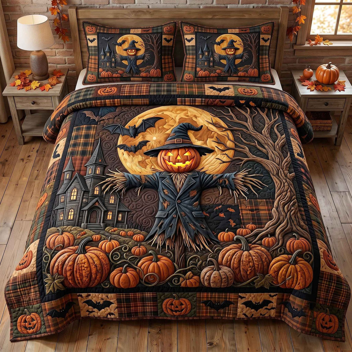Harvest Haunts quilted 3-piece bedding set on a made bed with two matching pillow shams