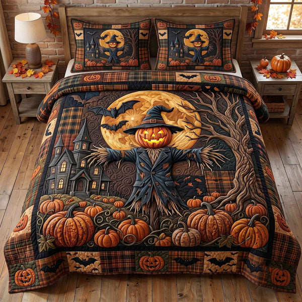 Harvest Haunts quilted 3-piece bedding set on a made bed with two matching pillow shams