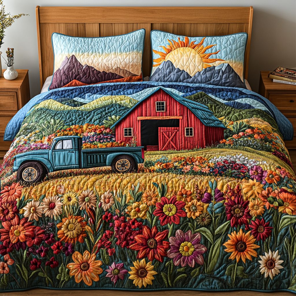 Harvest Haven quilted 3-piece bedding set on a made bed with two matching pillow shams