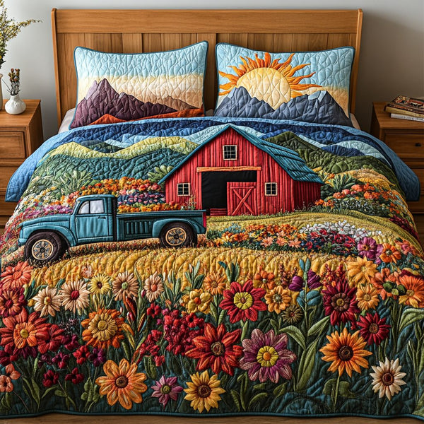 Harvest Haven quilted 3-piece bedding set on a made bed with two matching pillow shams