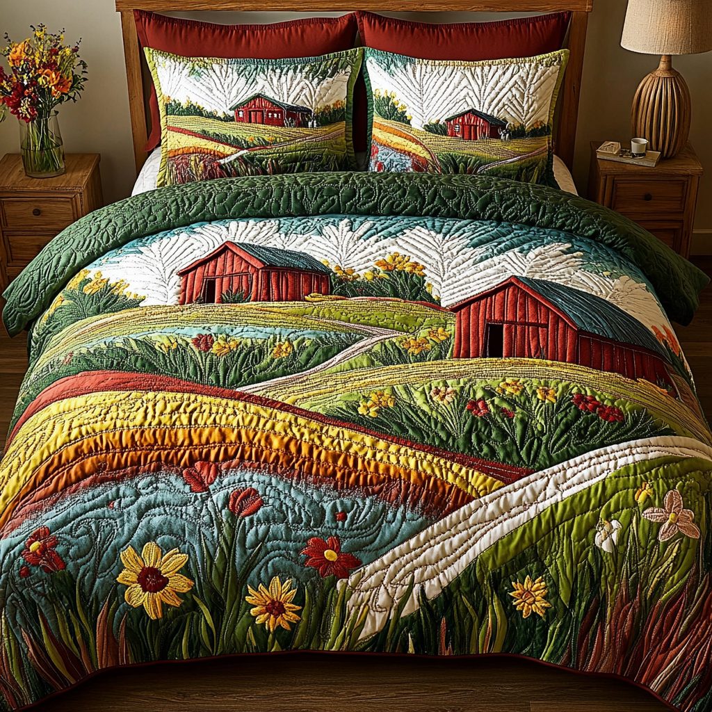 Harvest Haven quilted 3-piece bedding set on a made bed with two matching pillow shams