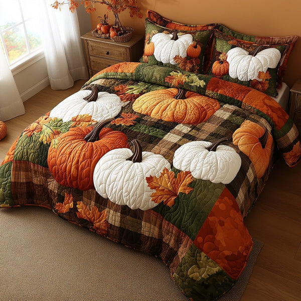 Harvest Heart quilted 3-piece bedding set on a made bed with two matching pillow shams