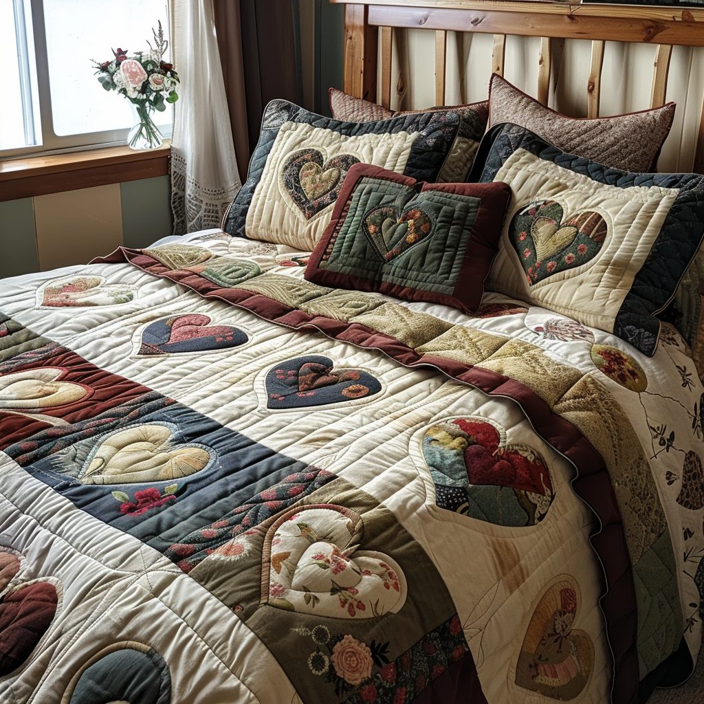 Harvest Hearts quilted 3-piece bedding set on a made bed with two matching pillow shams
