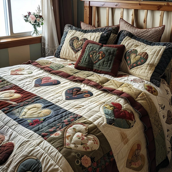 Harvest Hearts quilted 3-piece bedding set on a made bed with two matching pillow shams