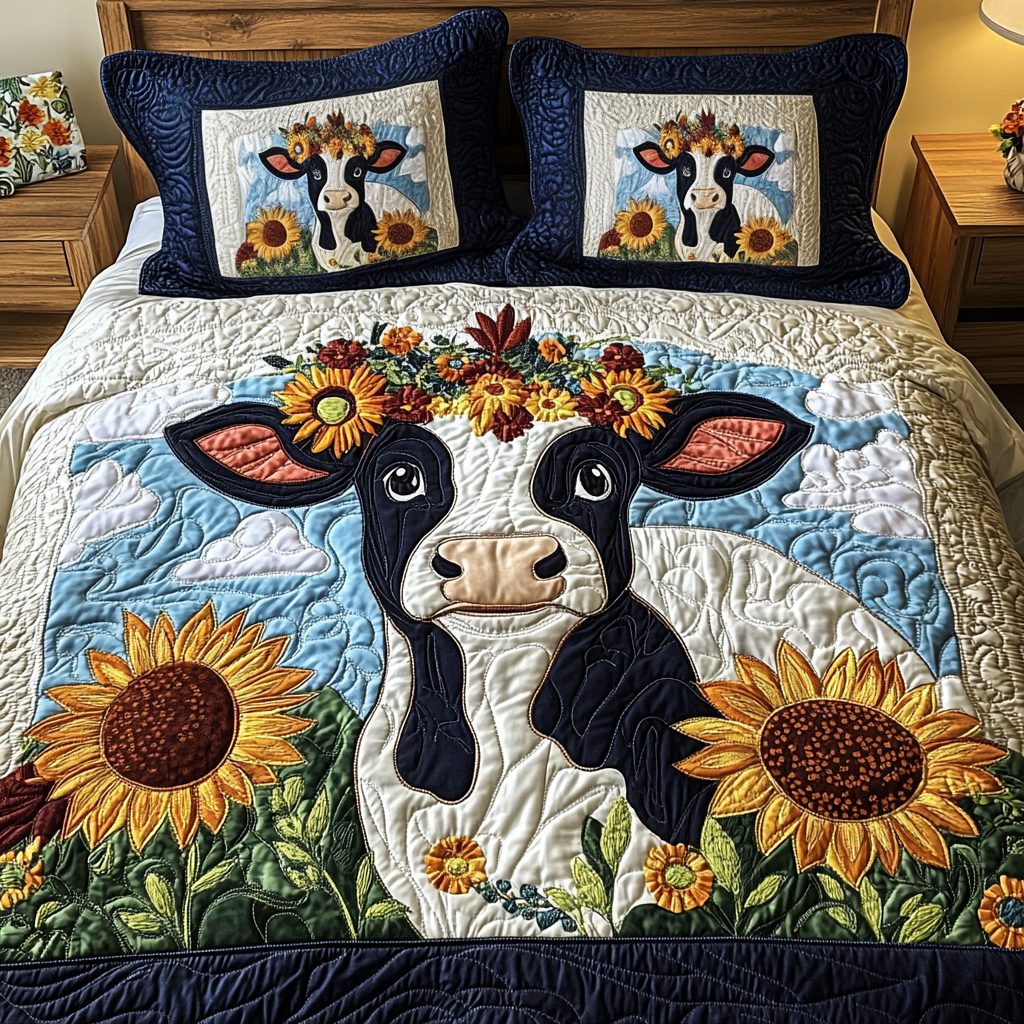 Harvest Herd quilted 3-piece bedding set on a made bed with two matching pillow shams