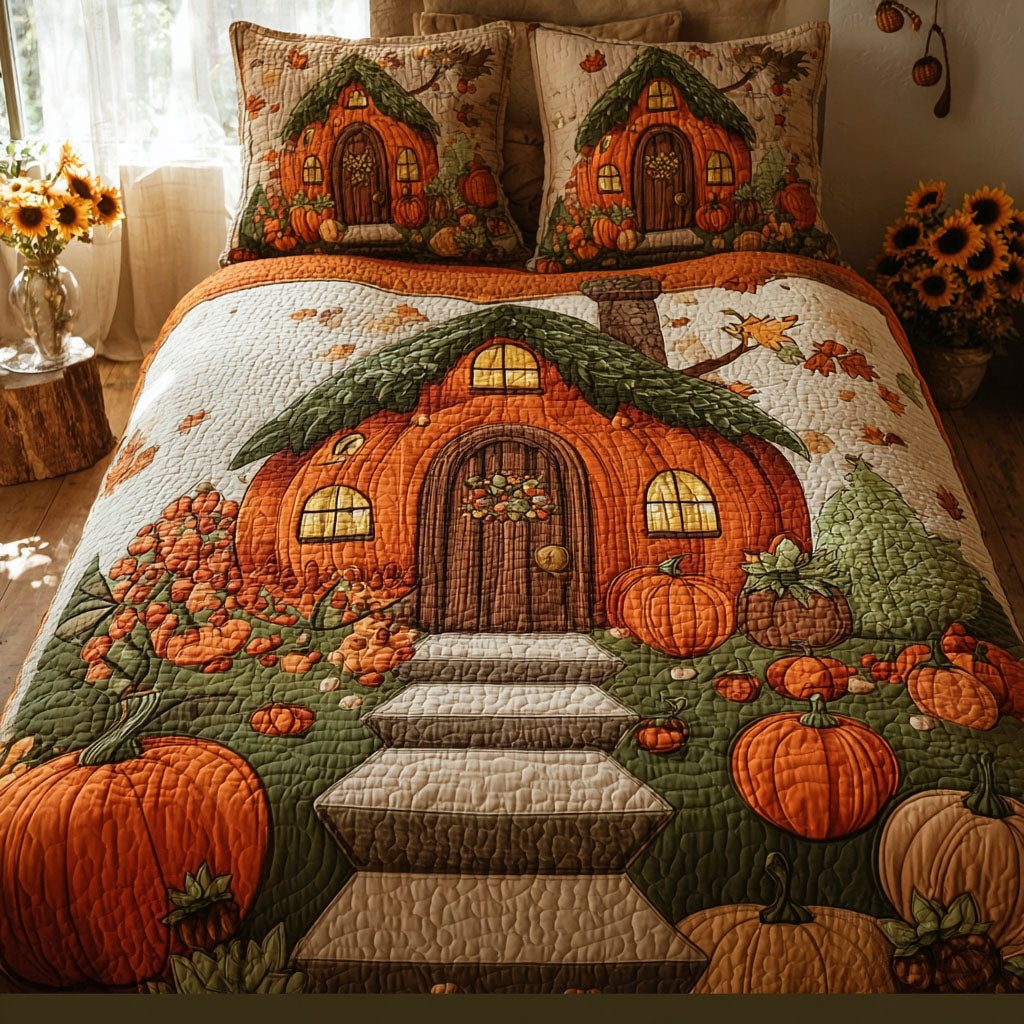 Harvest Home Hideaway quilted 3-piece bedding set on a made bed with two matching pillow shams