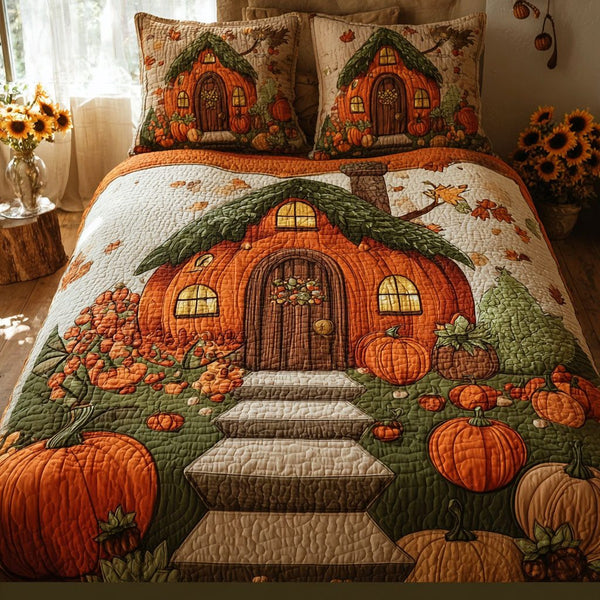 Harvest Home Hideaway quilted 3-piece bedding set on a made bed with two matching pillow shams