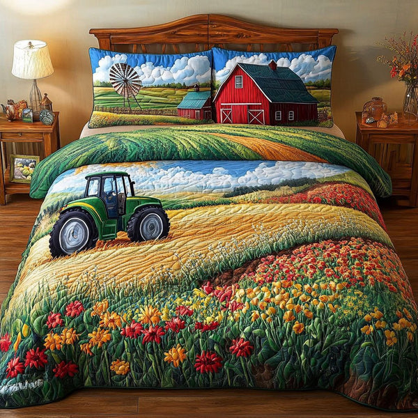 Harvest Joy quilted 3-piece bedding set on a made bed with two matching pillow shams