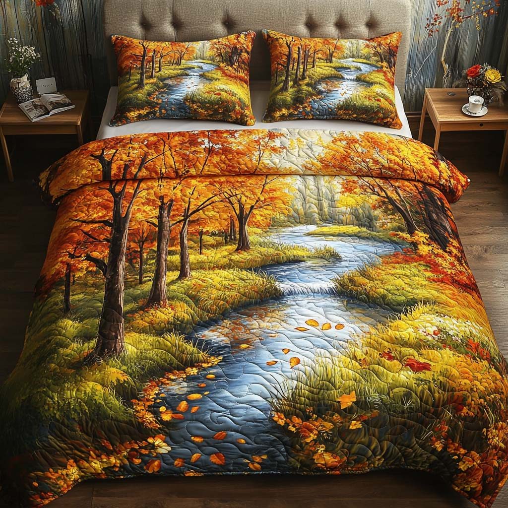 Harvest Light Walk quilted 3-piece bedding set on a made bed with two matching pillow shams