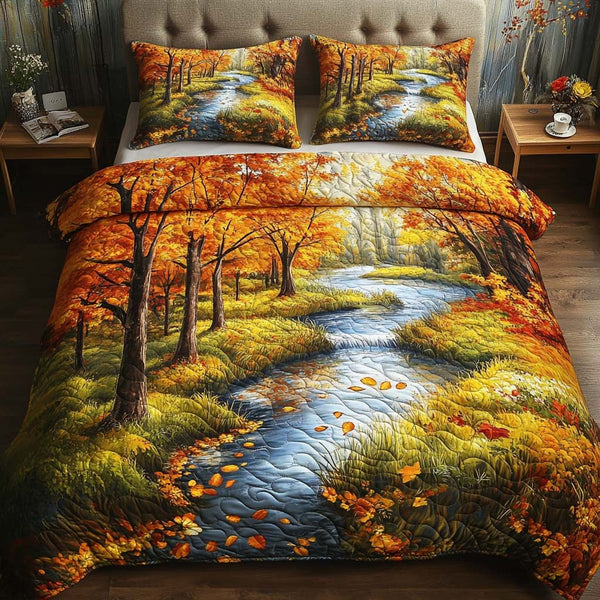 Harvest Light Walk quilted 3-piece bedding set on a made bed with two matching pillow shams