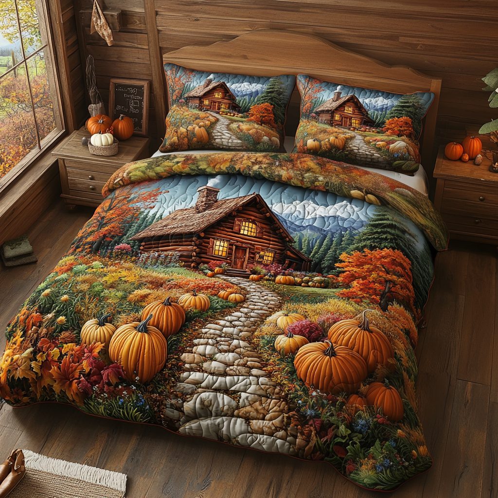 Harvest Lodge quilted 3-piece bedding set on a made bed with two matching pillow shams