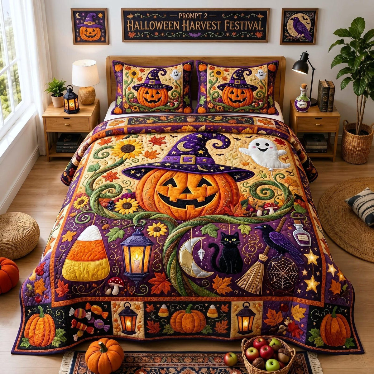 Harvest Magic quilted 3-piece bedding set on a made bed with two matching pillow shams