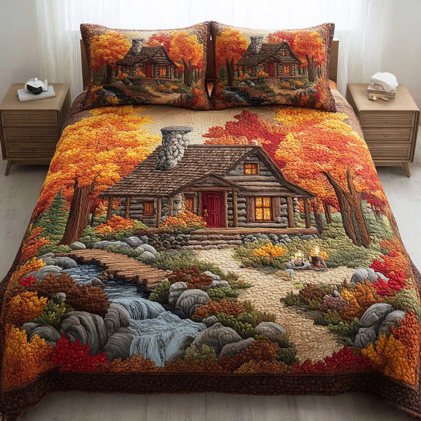 Harvest Maple Forest quilted 3-piece bedding set on a made bed with two matching pillow shams