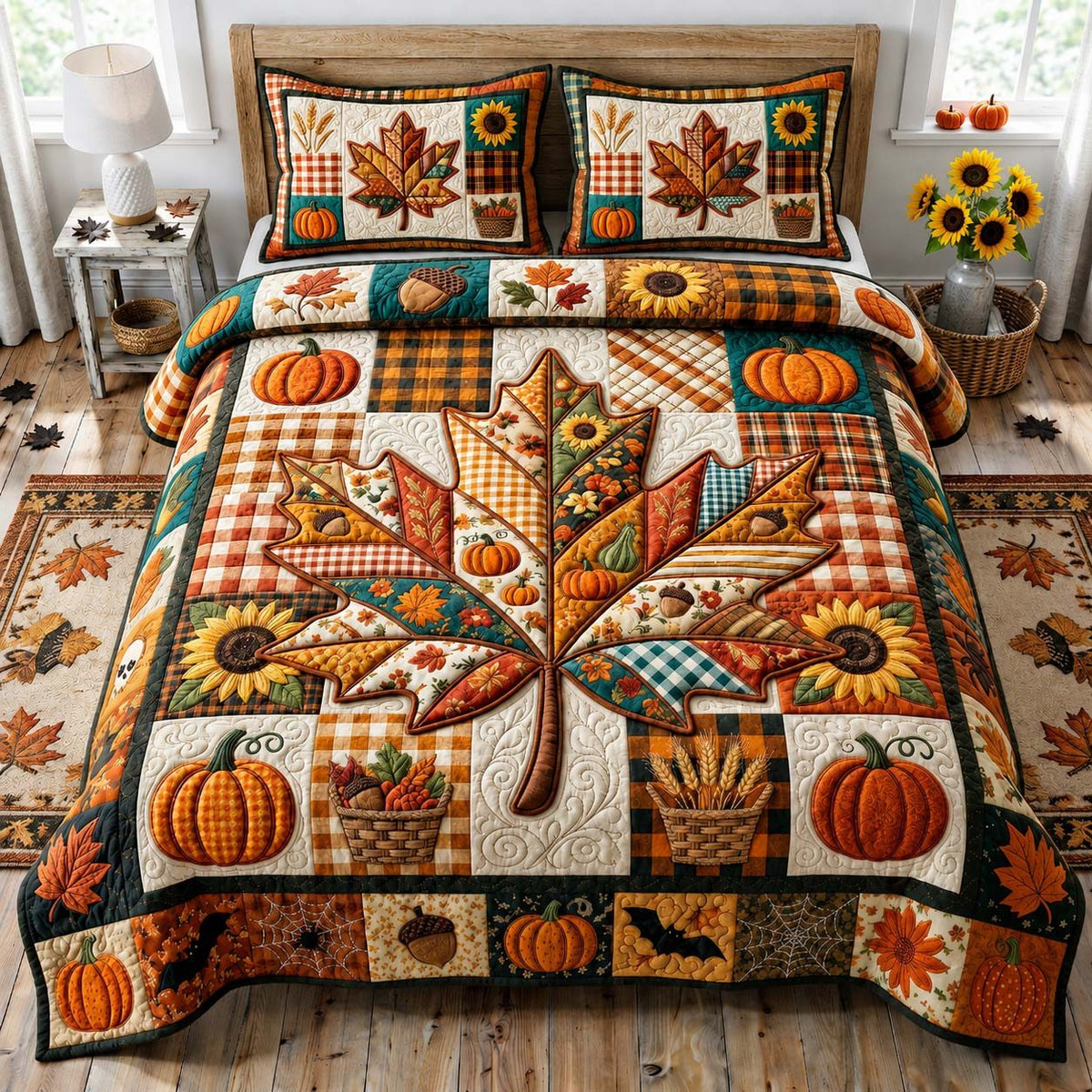 Harvest Maple Glow quilted 3-piece bedding set on a made bed with two matching pillow shams