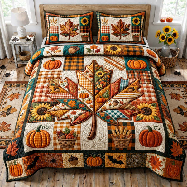Harvest Maple Glow quilted 3-piece bedding set on a made bed with two matching pillow shams