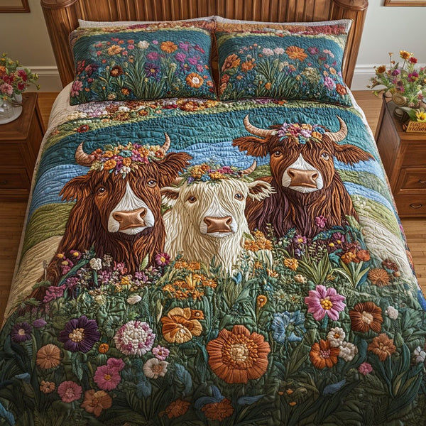 Harvest of the Herd quilted 3-piece bedding set on a made bed with two matching pillow shams