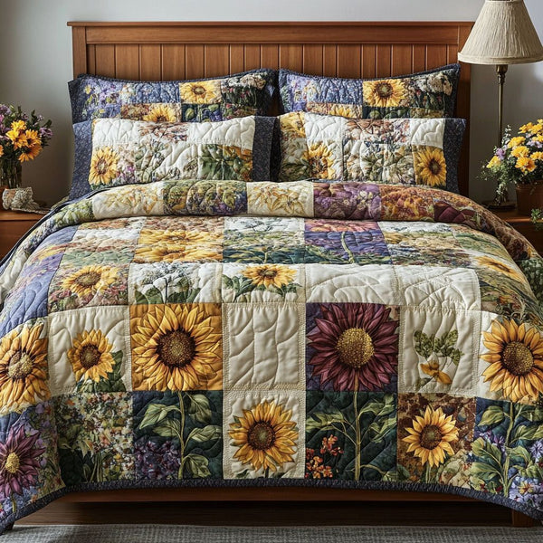 Harvest Patch quilted 3-piece bedding set on a made bed with two matching pillow shams