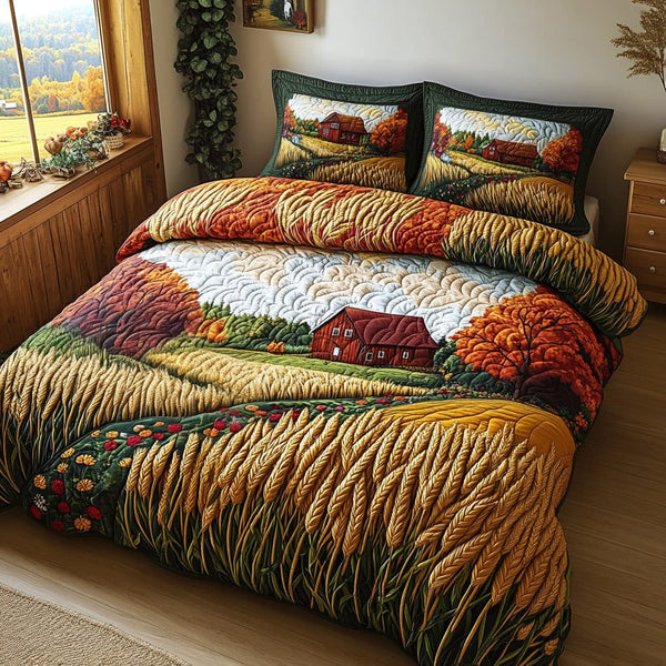 Harvest Path quilted 3-piece bedding set on a made bed with two matching pillow shams