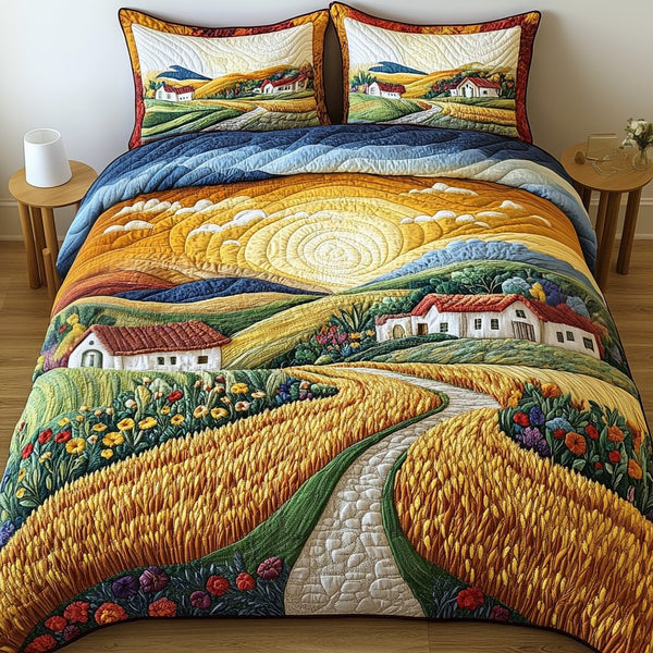 Harvest Path quilted 3-piece bedding set on a made bed with two matching pillow shams