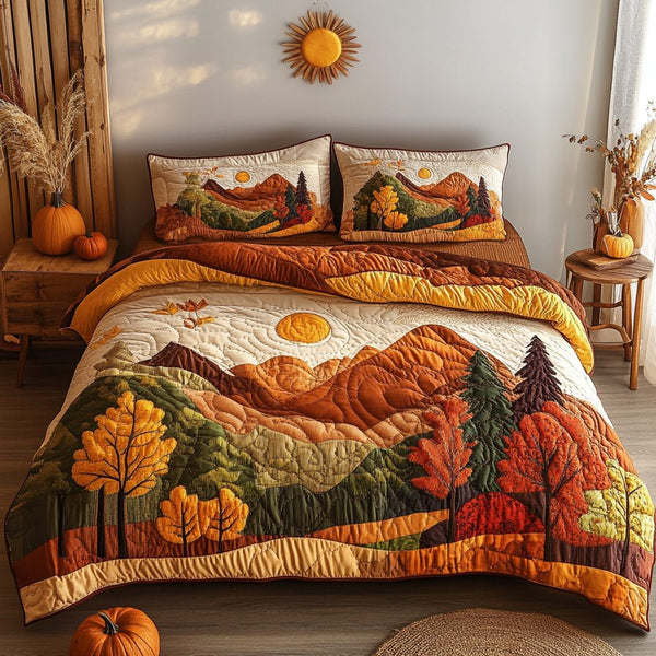 Harvest Path quilted 3-piece bedding set on a made bed with two matching pillow shams