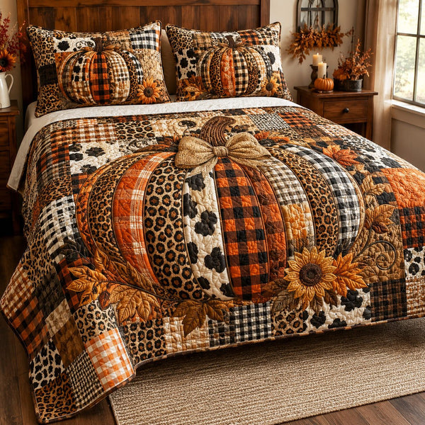 Harvest Plaid quilted 3-piece bedding set on a made bed in a farmhouse bedroom