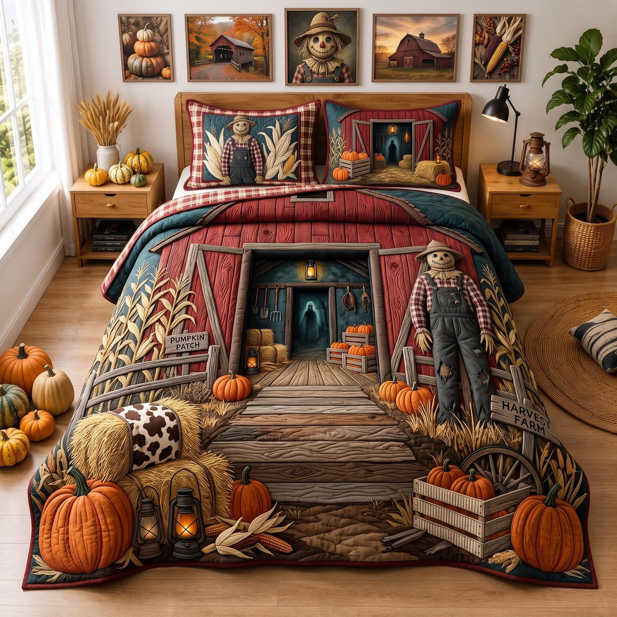 Harvest Porch quilted 3-piece bedding set on a made bed with two matching pillow shams