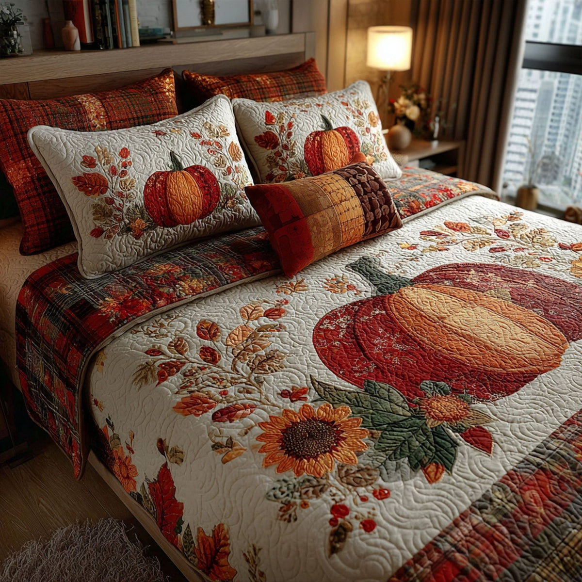 Harvest Pumpkin Lane quilted 3-piece bedding set on a made bed against a dark styled interior