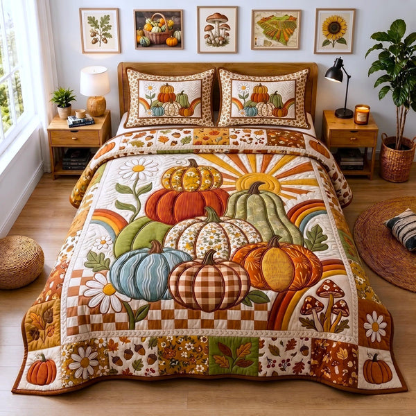Harvest Pumpkin quilted 3-piece bedding set on a made bed against a dark styled interior