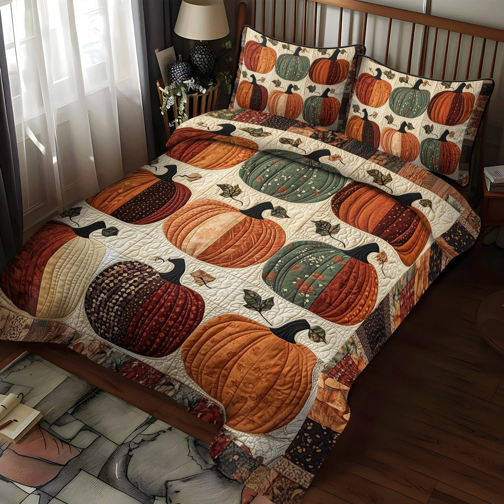 Harvest Pumpkin quilted 3-piece bedding set on a made bed against a dark styled interior