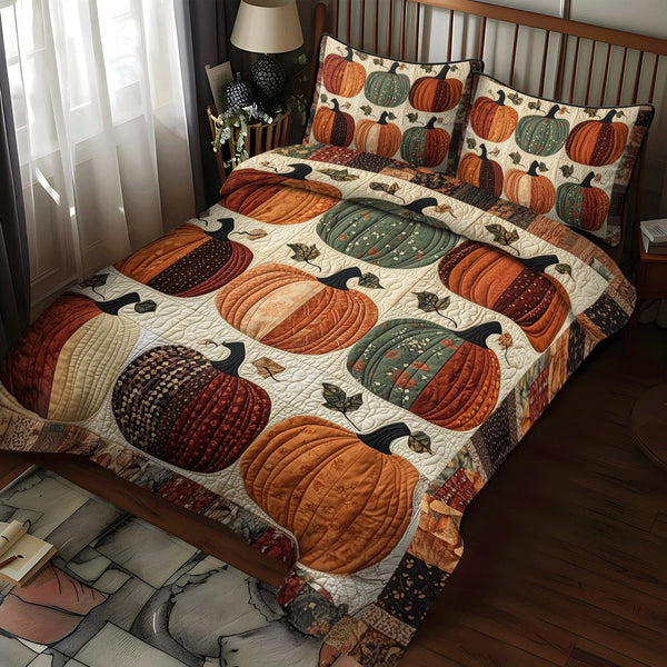 Harvest Pumpkin quilted 3-piece bedding set on a made bed against a dark styled interior