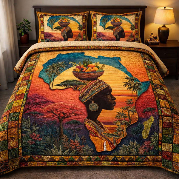 Harvest Queen Africa quilted 3-piece bedding set on a made bed with two matching pillow shams