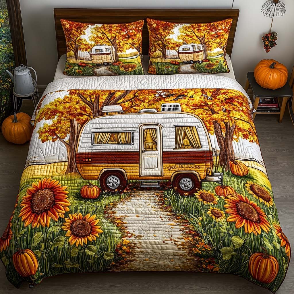 Harvest Road Camper quilted 3-piece bedding set on a made bed with two matching pillow shams