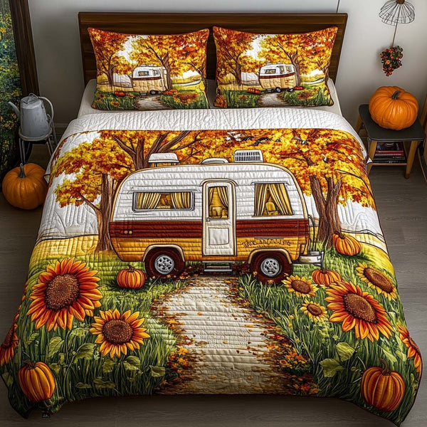 Harvest Road Camper quilted 3-piece bedding set on a made bed with two matching pillow shams