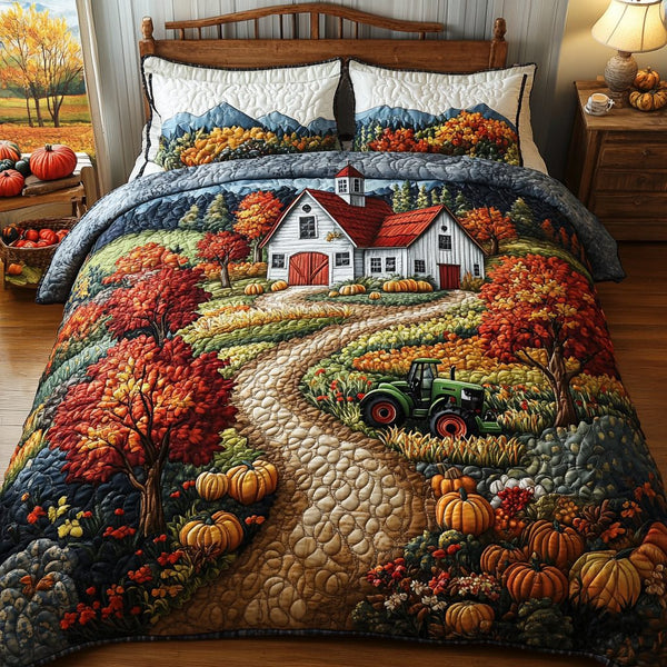 Harvest Road quilted 3-piece bedding set on a made bed with two matching pillow shams