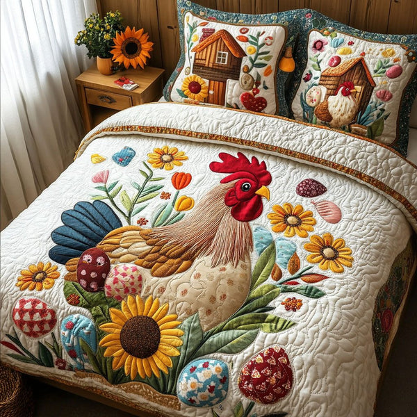 Harvest Rooster quilted 3-piece bedding set on a made bed with two matching pillow shams