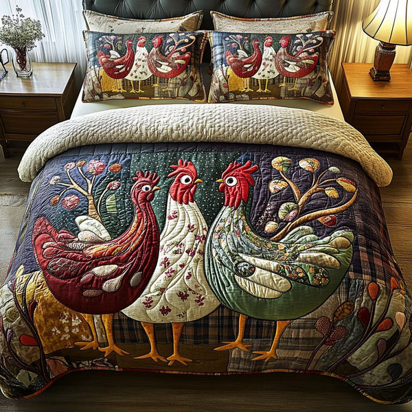 Harvest Roosters quilted 3-piece bedding set on a made bed with two matching pillow shams