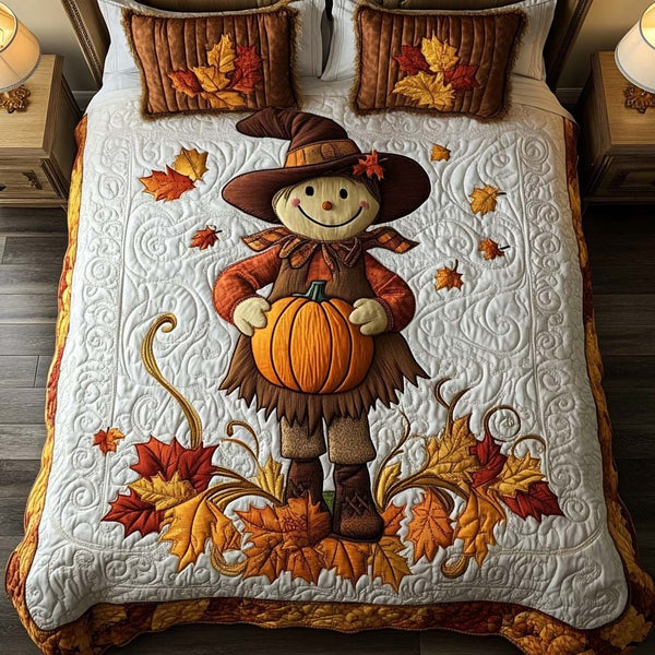Harvest Scarecrow Joy quilted 3-piece bedding set on a made bed with two matching pillow shams